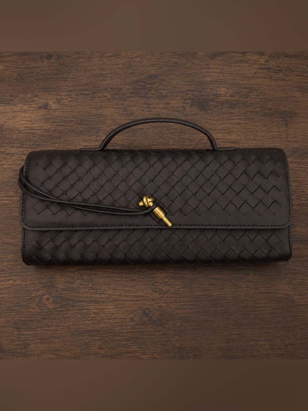 Woven Clutch in Dark Brown with Brass Accent